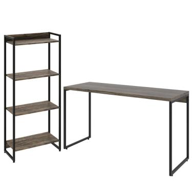 Imagem de Kit Estante Areta 4 Prateleiras com Mesa Industrial Aspen 135cm C01 Carvalho Dark - Lyam Decor