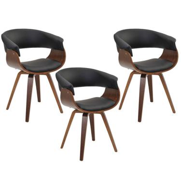 Imagem de Kit 03 Cadeiras Decorativas para Sala de Jantar Ohana Fixa PU Preto G56 - Gran Belo