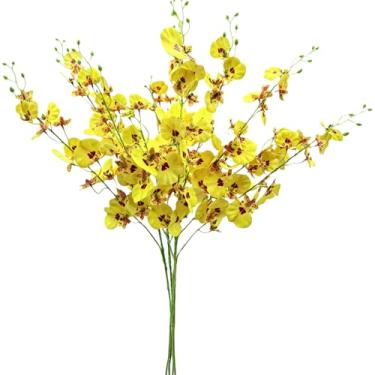 Imagem de LILOCOO 4 peças de flores artificiais, orquídeas de seda, orquídeas falsas em massa, flores artificiais, caule longo, orquídeas dançantes, flores amarelas para ambientes internos e externos, decoração