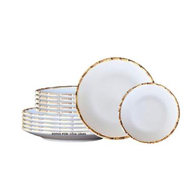 Imagem de Jogo De Pratos 6 Rasos E 6 Sobremesa Borda Bambu Cerâmica Scalla 1ª Linha