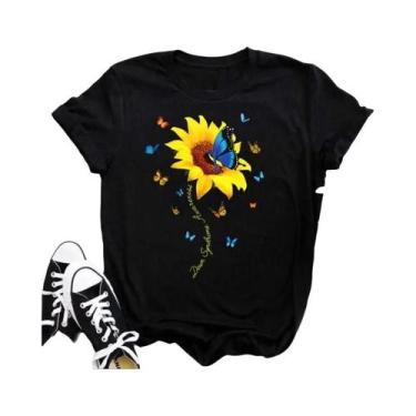 Imagem de Camiseta Preta Com Estampa De Borboleta E Girassol Kawaii Para Mulhere