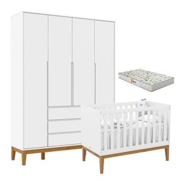 Imagem de Berço Americano Unique e Guarda Roupa 4 Portas Nature Clean Branco Soft Eco Wood com Colchão Gazin – Matic