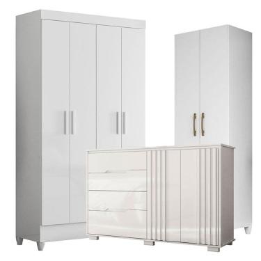 Imagem de Guarda Roupa Infantil Madri com Cômoda Texas e Armário Multiuso New Íris Branco Brilho – Moval
