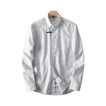 Imagem de Camisa Masculina Casual De Algodão Com Listras Finas, Cor Sólida, Gola