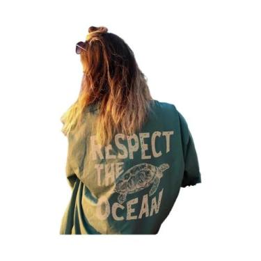 Imagem de Camiseta Feminina Verde Com Estampa De Tartaruga, Casual, Respirável, 