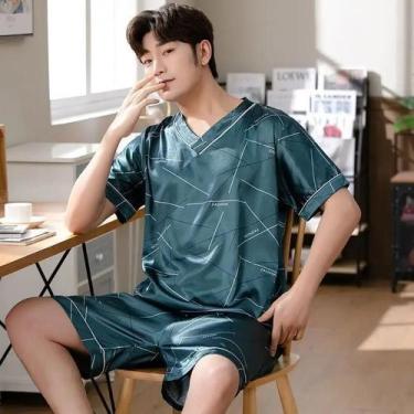 Imagem de Pijama Masculino De Seda Gelada Tamanho Grande, Conjunto De Duas Peças
