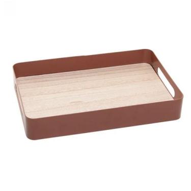 Imagem de Bandeja de Metal Com Alças Fundo de Madeira Luxo 25cm C222 - PRA VC, M