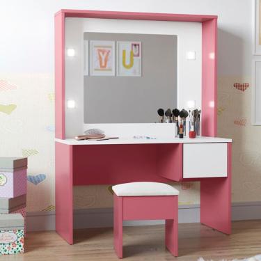 Imagem de Penteadeira Infantil Barranquilla com LED e Banqueta MDF-MDP Branco e Rosa Casah