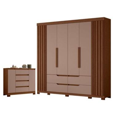 Imagem de Kit Guarda Roupa Doble Casal 6 Portas e Cômoda Sapateira Atena 4 Gavetas MDP Nogueira Capuccino Albatroz Móveis