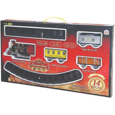 Imagem de Kit Locomotiva de Brinquedo Super Locomotiva Expresso com Som e Farol 3 Vagões 10 Trilhos Braskit