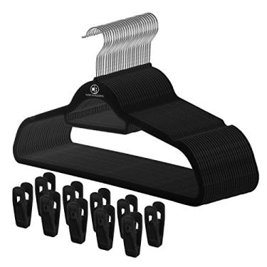 Imagem de Acessórios de armário, cabides de veludo preto, economia ultrafina de espaço, entalhes, barra de gravata, gancho giratório, com clipes de veludo combinando., Preto, Hangers with Clips 10 Pack, 10