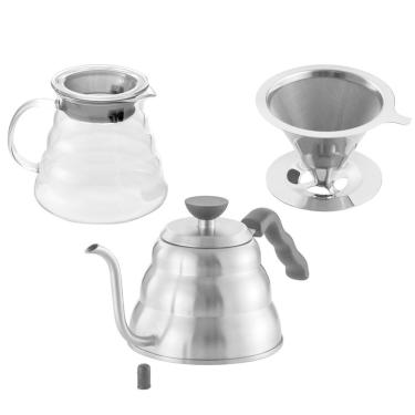 Imagem de Kit Chaleira Bico Fino, Jarra Vidro E Filtro Para Café Inox