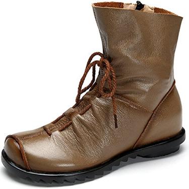 Imagem de Clarsunny Botas femininas de couro casuais macias, Caqui, 8