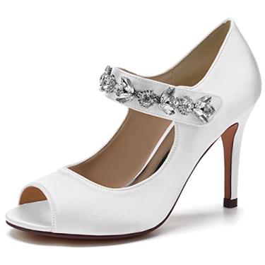 Imagem de Sapatos de casamento de noiva de cetim feminino escarpins peep toe com strass salto agulha alto marfim sapatos sociais 35-43,White,3 UK/36 EU