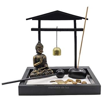 Imagem de Jardim Zen com Buda Hindu, Sino e Incenso - Preto e Dourado