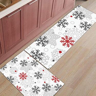 Imagem de Tapete de corredor de cozinha, Natal inverno impressão de flocos de neve vermelho cinza branco antiderrapante tapete de porta tapete tapete para lavanderia quarto banheiro conjunto de 2