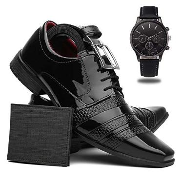 Imagem de Sapato Social Masculino Verniz + Cinto + Carteira + Relógio - Preto-5014/37