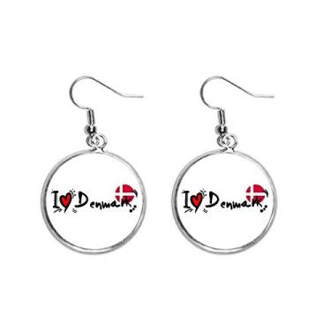 Imagem de I Love Denmark Bandeira da Palavra Love Coração Ilustração Orelha Pingente Prata Brinco Joia Feminina