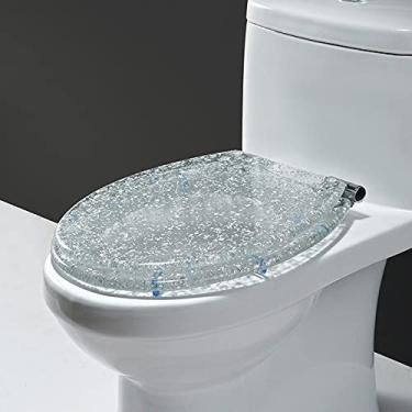 Imagem de JIAJIAJIE Assento de vaso sanitário confortável, assento de vaso sanitário oval alongado de resina transparente com cobertura de assentos de acrílico conjunto universal acessórios de banheiro (cor: prata)
