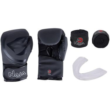 Imagem de Kit de Boxe Naja: Bandagem + Protetor Bucal + Luvas de Boxe Black - 12 OZ - Adulto