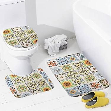 Imagem de Conjunto de tapetes de banheiro 3 peças coloridas vintage de cerâmica padrão tapete de banheiro lavável tapete antiderrapante tapete de contorno e tampa para banheiro