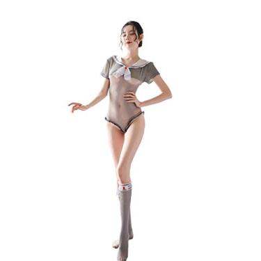 Imagem de Yameidie Lingerie feminina sexy cosplay biquíni anime transparente estudante marinheiro body (cinza)