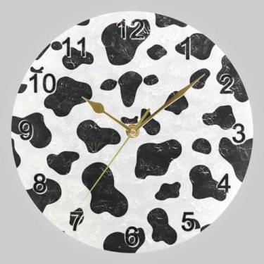 Imagem de CHIFIGNO Relógios de parede redondos de pele de vaca preto e branco, relógio redondo, decoração de parede, relógios de parede operados por bateria, relógios de parede de banheiro de 25 cm