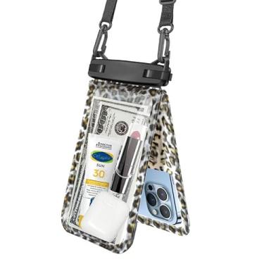 Imagem de Bototack Capa de telefone universal à prova d'água com 2 pacotes, suporte para telefone com cordão para iPhone 15 14 13 Pro Max Plus Samsung para natação (estampa de leopardo, 9.5 inch)