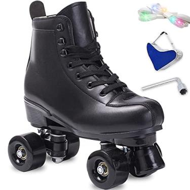 Imagem de Patins de patins femininos masculinos de couro PU de cano alto patins clássicos de duas fileiras patins ao ar livre interno quad-patins com cadarços iluminados (roda preta preta, 44-EUA masculino 10 = feminino 11)