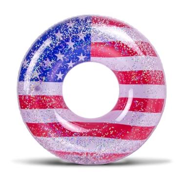Imagem de POZA Tubo inflável para piscina – luxuoso e divertido espreguiçadeira preenchida com confetes de estrelas prateadas brilhantes, design legal da bandeira dos EUA boias de piscina para praia, lago e piscina – Bandeira dos EUA de 91 cm