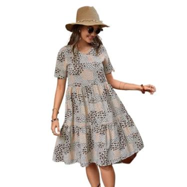 Imagem de Camisa Feminina Leopard Print Ruffle Hem Smock Dress (Color : Multicolor, Size : XL)
