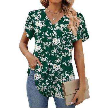 Imagem de Funlingo Blusas femininas de verão de manga curta elegantes de chiffon, gola V, túnica de trabalho, camisetas casuais soltas, Flores pequenas verdes, P