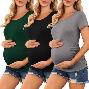 Imagem de Ekouaer Camisetas femininas para gestantes 3 pacotes lateral franzida camiseta túnica blusa casual mamãe roupas P-GGG, 3 peças - preto + verde + cinza escuro, G
