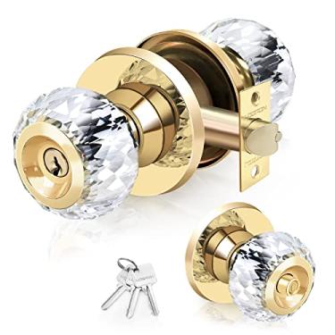 Imagem de LOQRON Maçanetas de porta de cristal com fechadura e chaves, maçanetas de vidro com trava de privacidade, maçaneta de porta de diamante luxuosa, puxadores de porta de vidro interior clássico para banheiro de quarto dourado, 1 pacote