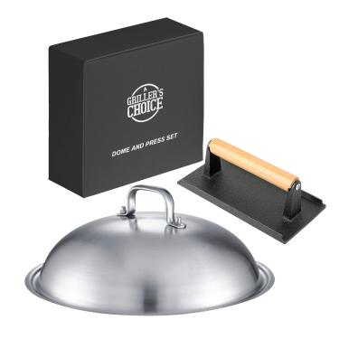 Imagem de Grillers Choice Acessórios de grelha, acessórios de grelha de topo plano. Prensa de ferro fundido de qualidade comercial e cúpula de derretimento para grelhar e grelhar queijos.