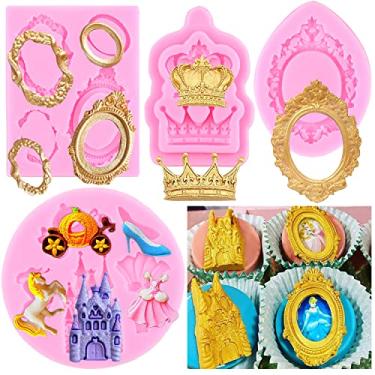 Imagem de RFGHAC Molduras de silicone molde de fondant de cinderela moldura barroca coroa castelo vestido princesa sapatos de cristal moldes para decoração de bolo topo de cupcake doce chocolate pasta de goma
