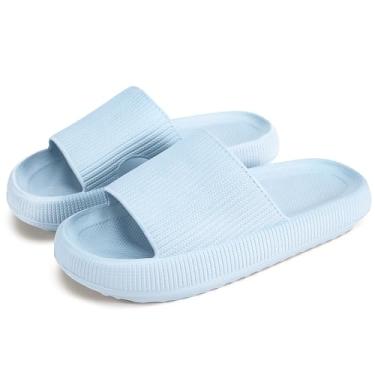 Imagem de Pantufas de travesseiro, chinelos de chuveiro de massagem, antiderrapante de secagem rápida, sandália de sola grossa supermacia, tecnologia de 2020 - Pantufas de casa super macias para mulheres e homens, plataforma de EVA, Azul bebê, 10.5-11 Women/9-10 Men