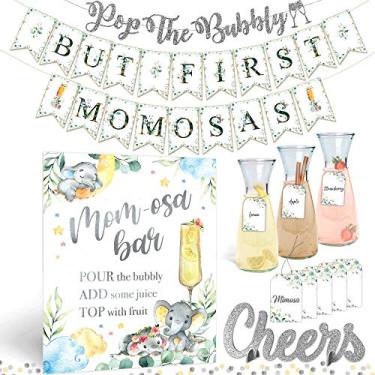 Imagem de Kit de bar Mimosa | Decoração de mesa de bebidas! Decorações de chá de bebê elefante cinza para meninos e meninas ou gênero neutro | Festa com tema de elefante de amendoim | Conjunto de banner de placa rosa, azul, amarelo (elefantes)