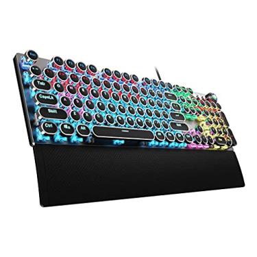 Imagem de AULA Teclado mecânico para jogos estilo máquina de escrever F2088, interruptores azuis, retroiluminação LED arco-íris, descanso de pulso removível, botão de controle de mídia, teclas redondas punk