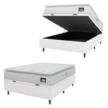 Imagem de Cama Box Baú Colchão Casal Espuma D33 Vangogh Pillow Top 138x188x70cm Branco Linho Hellen - Suporta até 120kg por Pessoa