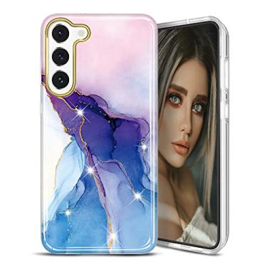 Imagem de JIAXIUFEN Capa para celular Galaxy S23 dourada brilhante mármore fino à prova de choque TPU borracha macia silicone capa para celular para Samsung Galaxy S23 5G 6,1 polegadas 2023 azul roxo