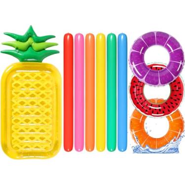 Imagem de Sratte 10 boias infláveis para piscina, incluindo 3 anéis de tubos de natação, 6 macarrão inflável grande para piscina e boia de abacaxi para piscina, festa na praia, férias de verão, decoração de