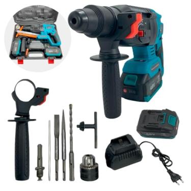 Imagem de Martelete Perfurador de Impacto 48V, Kit com Bateria, Carregador e Acessórios, Martelete 48V com 2 Baterias e Maleta. Recarregável com 6 Bits e Brocas.