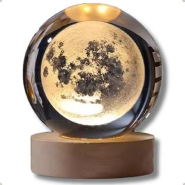 Imagem de Luminária de Mesa Bola de Cristal Esfera 3D Base Madeira Decorativa, Abajur USB, Lua Sistema Solar Saturno Galáxia Planeta Terra