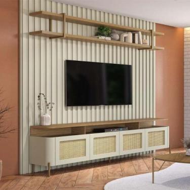 Imagem de Rack com Painel Ripado 240cm e Prateleira para sala 100% MDF - Casa La