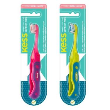 Imagem de Escova Dental Infantil Kess Compact Kids Rosa e Verde, Rosa