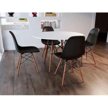 Imagem de Jogo De Mesa 4 Cadeiras Pretas Eames 110 Cm Base Madeira Tampo Branco 