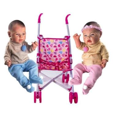 Imagem de Kit Bebe Reborn Realista Gêmeos + Carrinho de Bebê - DM Toys e Milk