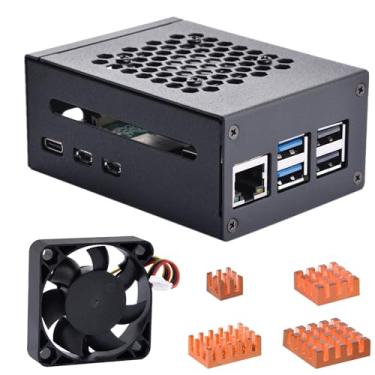 Imagem de GeeekPi Capa de metal para Raspberry Pi 5, Pi 5 capa com ventilador grande 4010 PWM e dissipadores de calor de cobre puro 4 peças para Raspberry Pi 5 4GB/8GB, suporte oficial Raspberry Pi 5 Active Cooler