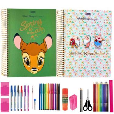 Imagem de Kit 2 Cadernos Menina 10 Matérias Material Escolar + 40 Acessórios - F